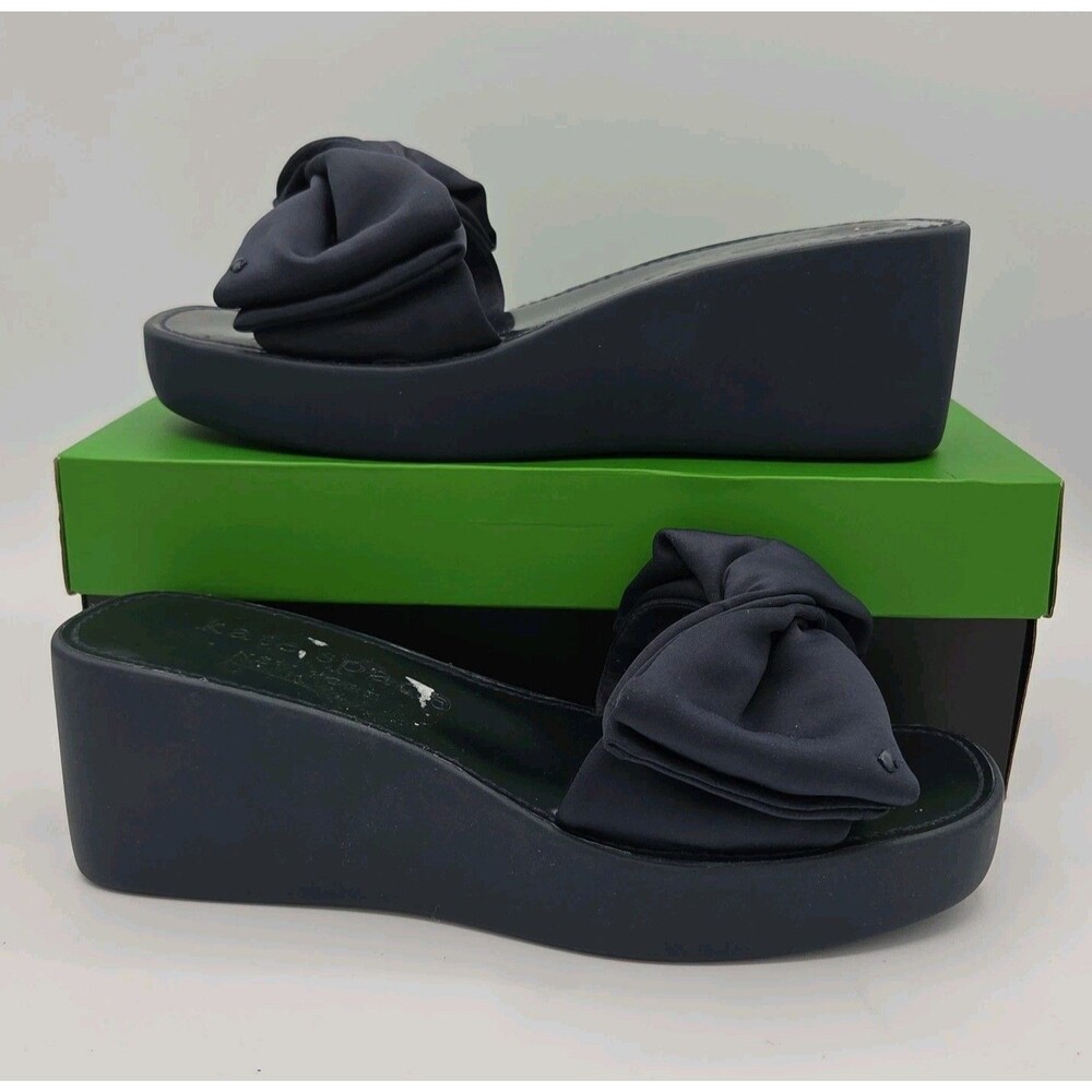 Kate Spade Bikini Navy Blue Satin Bow Platform Wedge Sandals Women Sz 9.5 W/box